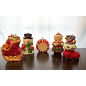 Vintage Christmas Wax Figurine Candle Lot Santa Snowman Sleigh Stocking (5)